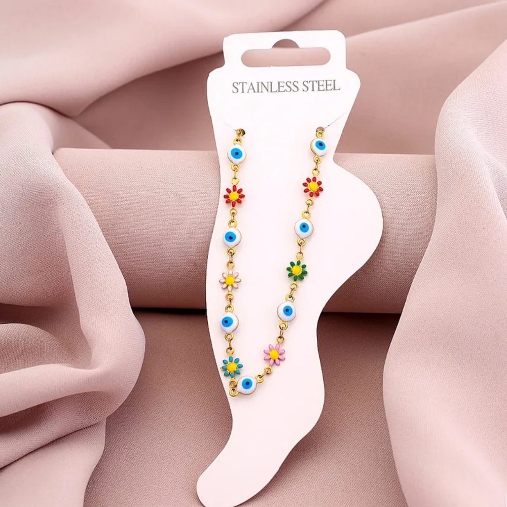 Multi Color Stainless Steel Floral Evil Eye Charm Anklet Summer Accesories - Picture 16 of 16